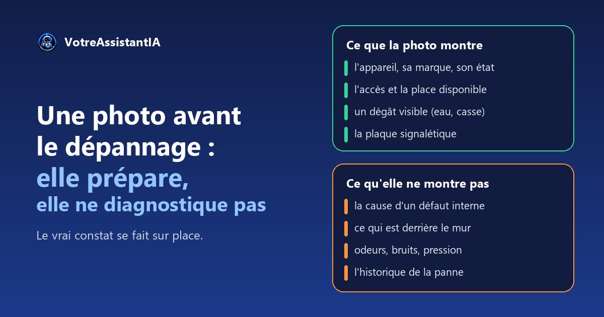 Ce qu'une photo envoyée par le client montre (équipement, accès, dégât visible) et ce qu'elle ne montre pas (cause interne, derrière le mur, bruits et odeurs)