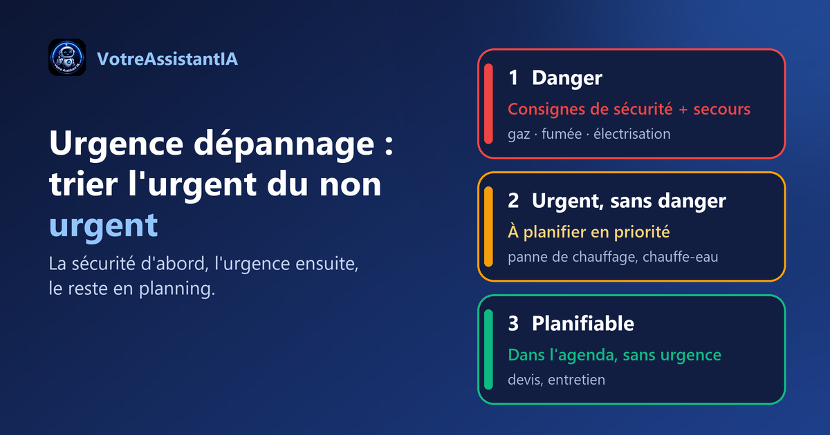 Trois niveaux de tri d'une demande de dépannage : danger (consignes de sécurité et secours), urgent sans danger (à planifier en priorité), planifiable (devis, entretien)